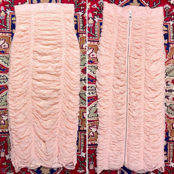 Ronny Kobo Roma ruched sheer mesh silk hoble pencil mermaid maxi skirt pink XS S
